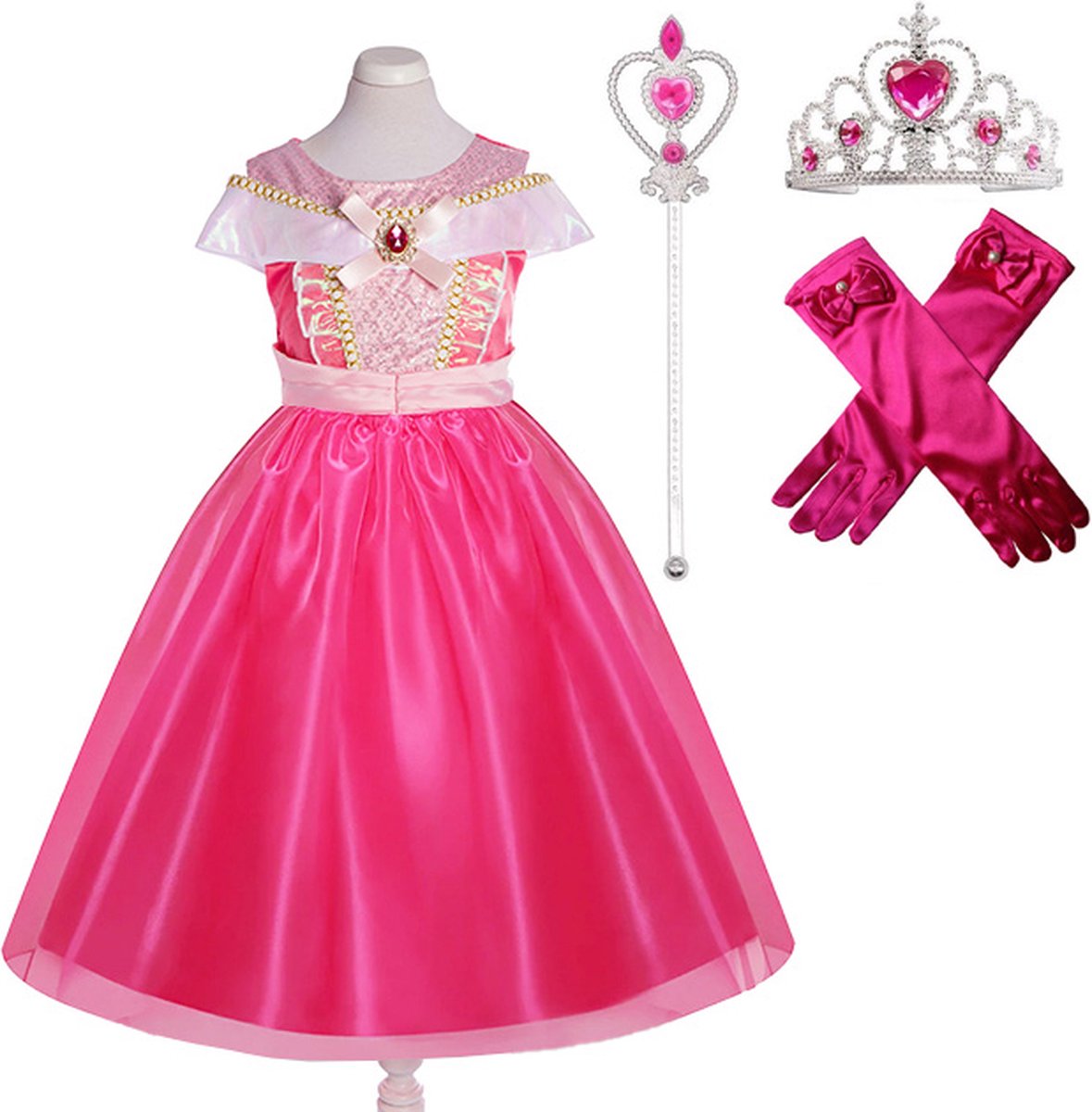 Mooie Doornroosje jurk Prinsessenjurk Maat: 134/140 ( 9-10 jaar) + kroon + staf + handschoenen verkleedkleding meisje