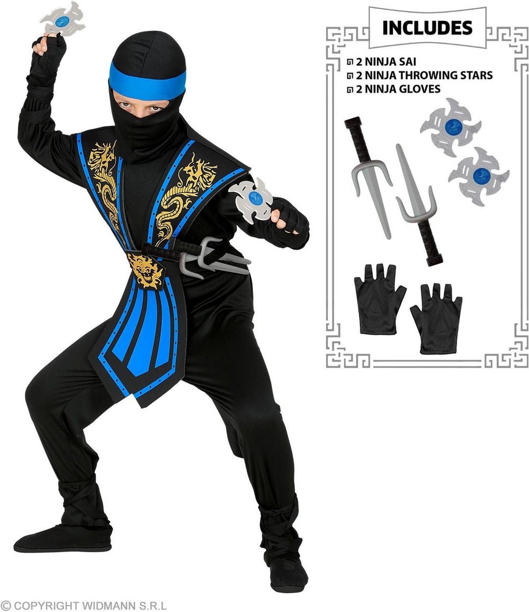 Widmann - Ninja & Samurai Kostuum - Meedogenloze Draken Ninja Met Wapens Kind Blauw - Jongen - blauw,zwart - Maat 140 - Carnavalskleding - Verkleedkleding