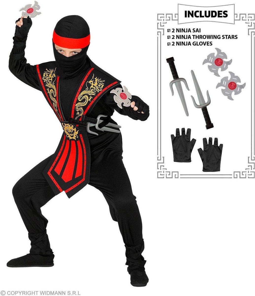 Widmann - Ninja & Samurai Kostuum - Vurige Draken Ninja Met Wapens Kind - Jongen - rood,zwart - Maat 128 - Carnavalskleding - Verkleedkleding