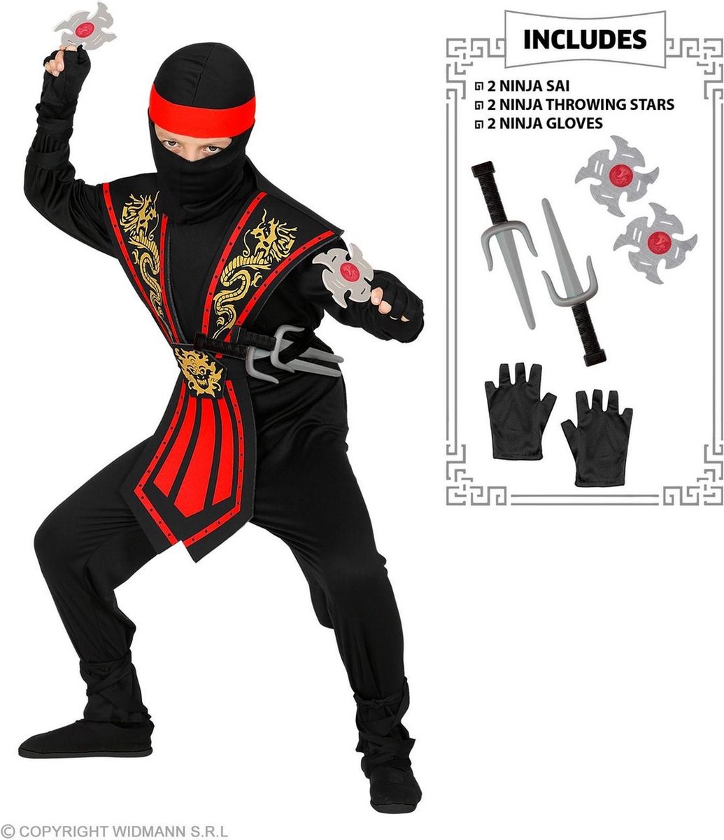 Widmann - Ninja & Samurai Kostuum - Vurige Draken Ninja Met Wapens Kind - Jongen - rood,zwart - Maat 140 - Carnavalskleding - Verkleedkleding