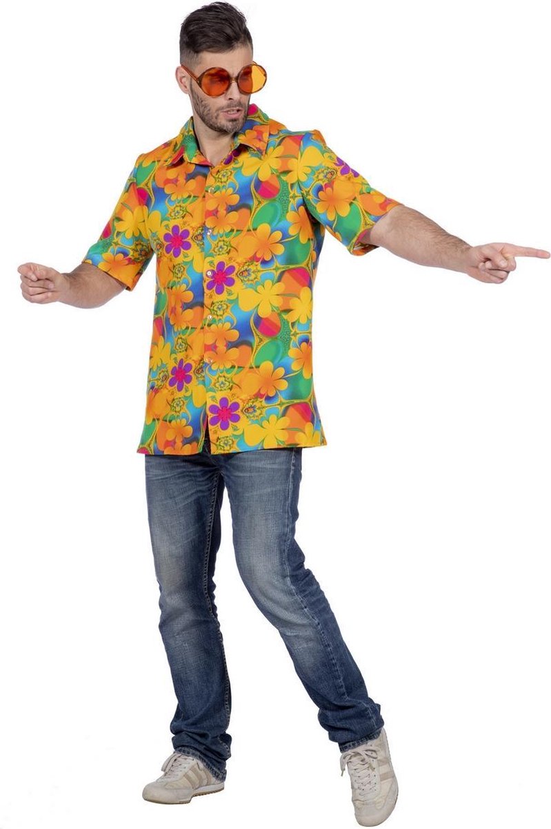 Wilbers & Wilbers - Hawaii & Carribean & Tropisch Kostuum - Hemd Honderd Hawaiiaanse Tropische Bloemen Man - geel,multicolor - Maat 48 - Carnavalskleding - Verkleedkleding