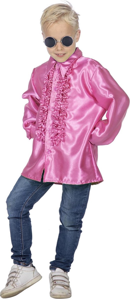 Wilbers & Wilbers - Jaren 80 & 90 Kostuum - Roze Ruchesblouse Satijn Foute Disco Kind - roze - Maat 152 - Carnavalskleding - Verkleedkleding