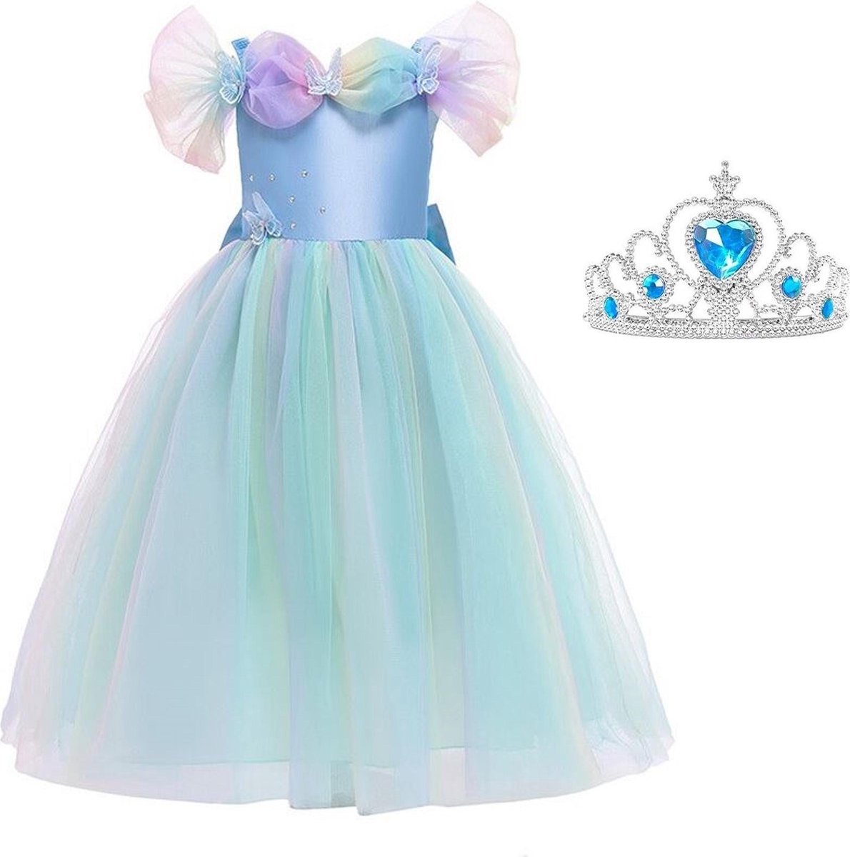Assepoester jurk Prinsessen jurk licht blauw vlinders Luxe 128-134 (140) + blauwe kroon verkleedjurk verkleedkleding carnavalskleding