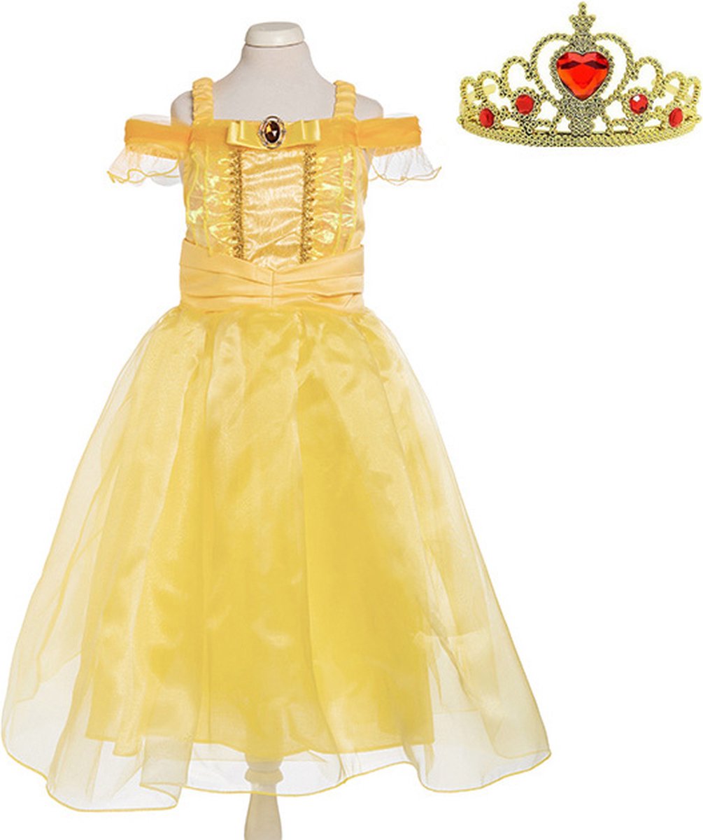 Belle en het Beest jurk kind Maat: 110/116 (5-6 jaar)) + kroon Belle Prinsessenjurk meisje
