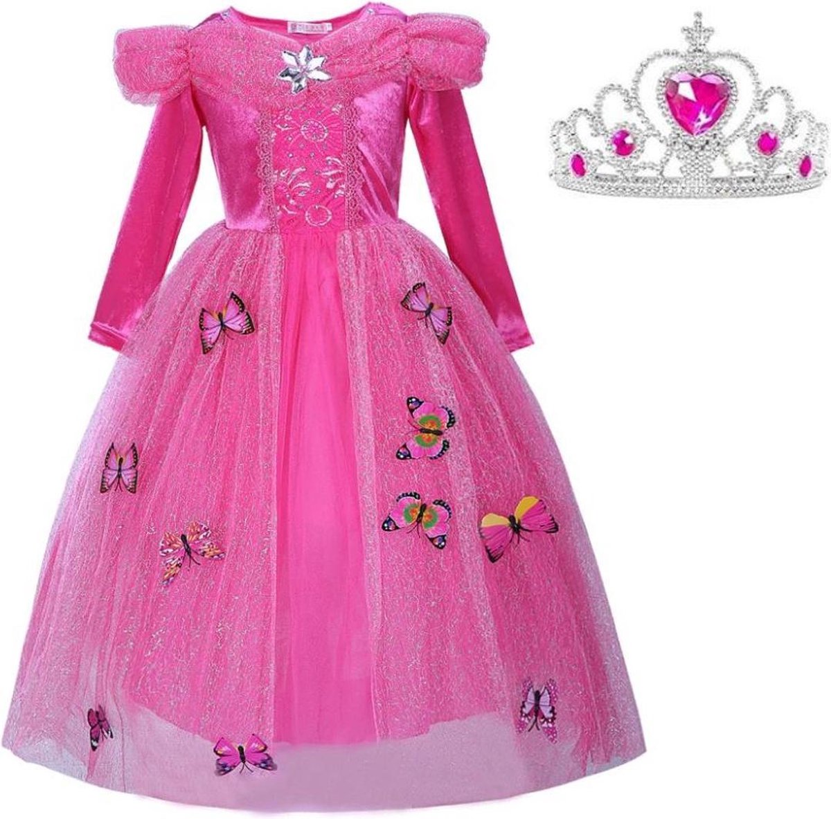 Doornroosje jurk Prinsessen jurk verkleedjurk 140-146 (140) fel roze Luxe met vlinders + kroon verkleedkleding kinderen