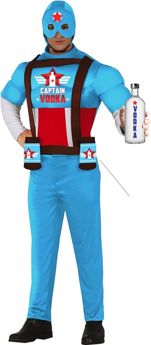 Guirca -Superheld Captain Vodka - Man - blauw,rood - Maat 52-54 - Carnavalskleding - Verkleedkleding