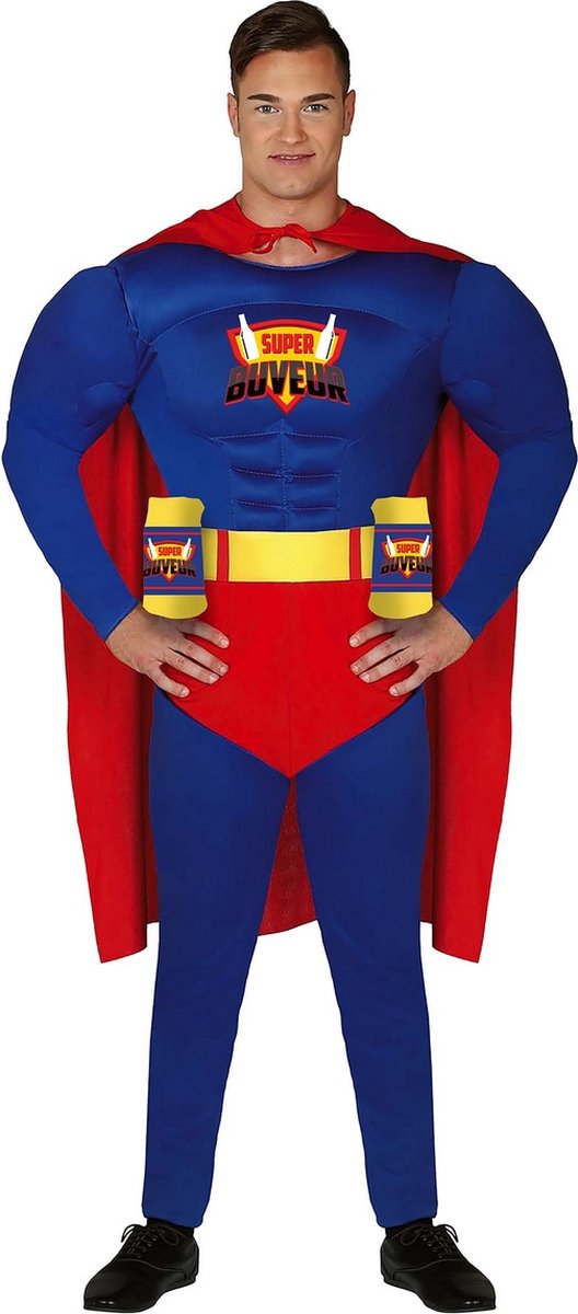 Guirca -Superheld Fanatieke Zuipman Kostuum - blauw,rood - Maat 48-50 - Carnavalskleding - Verkleedkleding