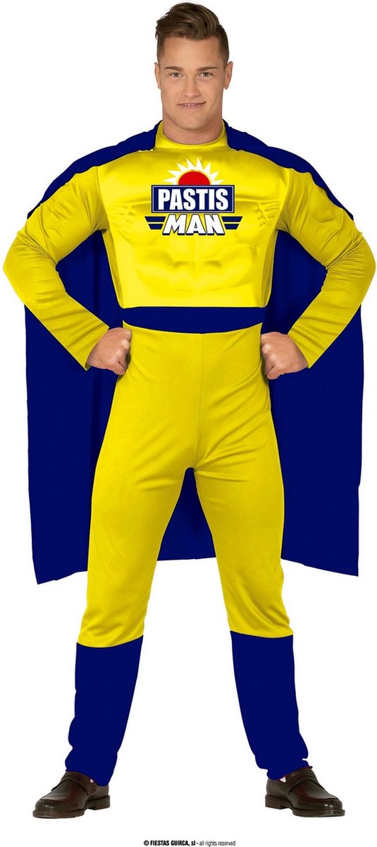 Guirca -Superheld Pastis - Man - blauw,geel - Maat 52-54 - Carnavalskleding - Verkleedkleding