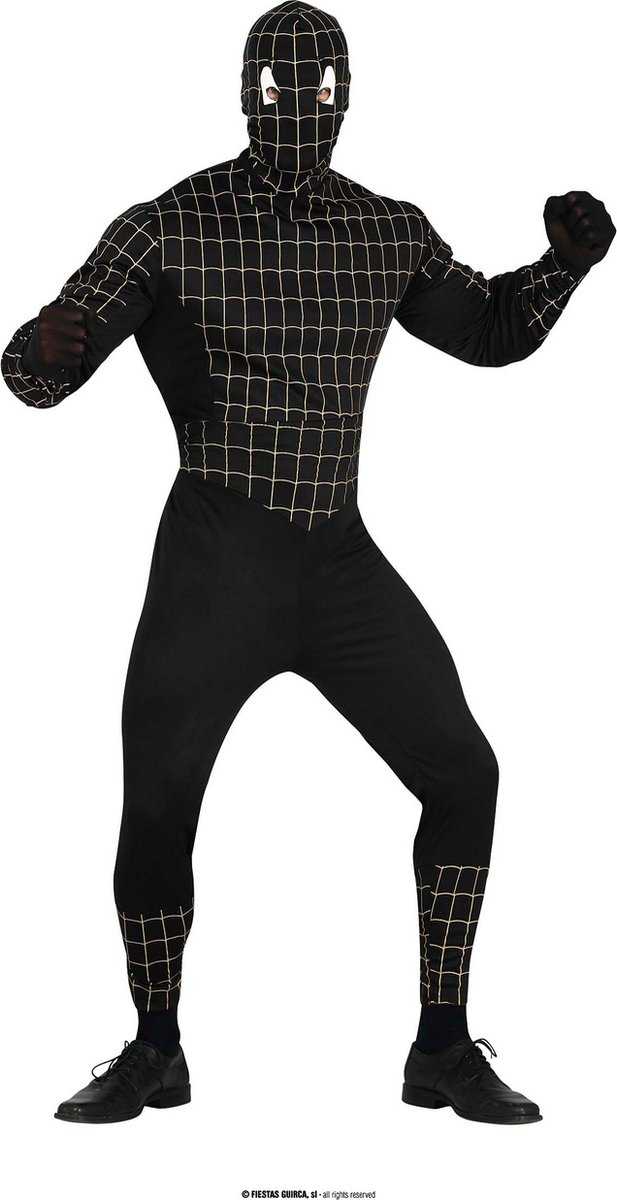 Guirca - Venom & Black Spiderman Kostuum - Giftige Zwarte Spiderman Kostuum - zwart - Maat 48-50 - Carnavalskleding - Verkleedkleding