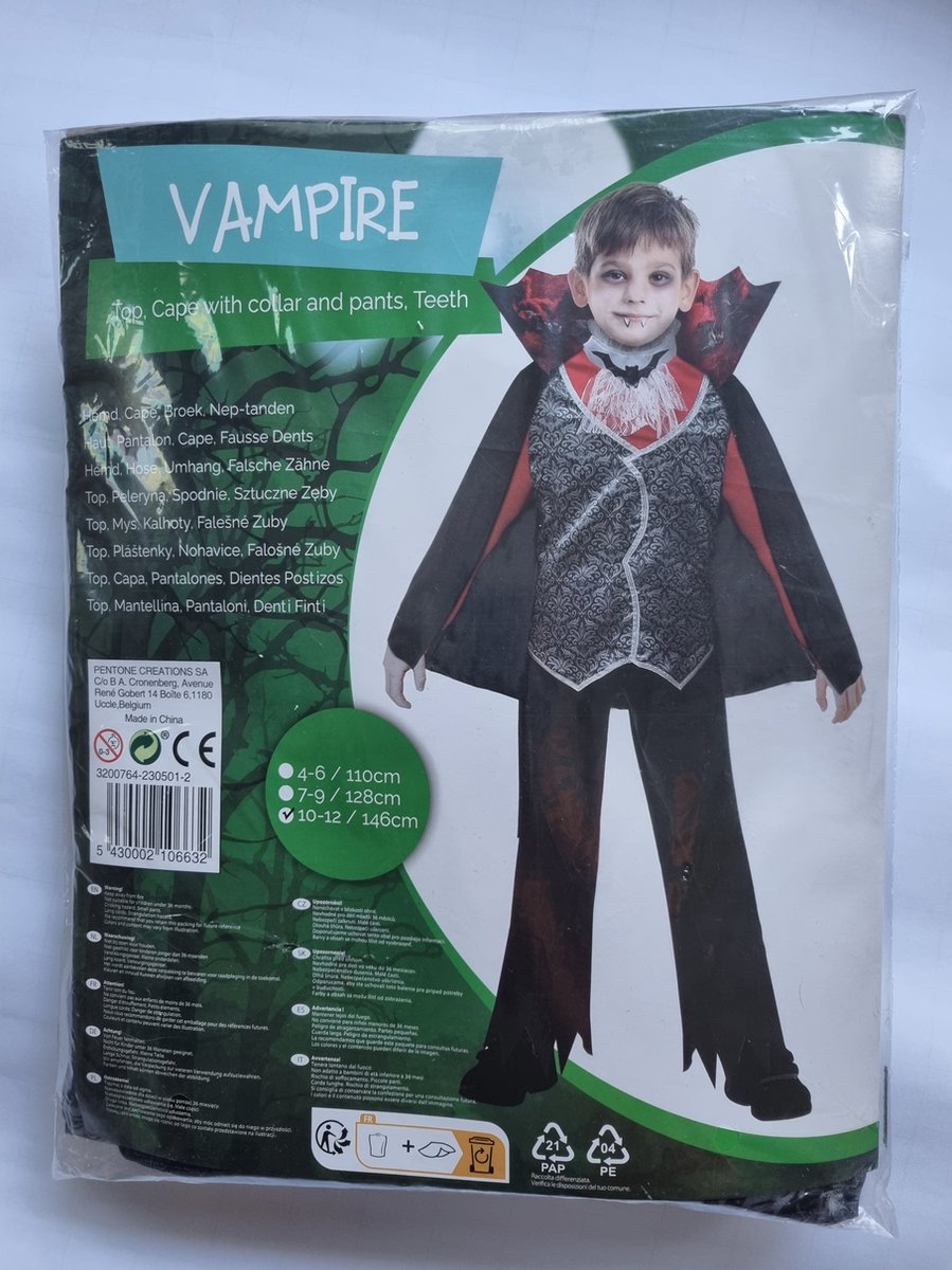 Halloween compleet verkleedpak Vampier, jongen 10-12 jaar/146 cm, kindercadeau, (hemd, cape, broek, neptanden)