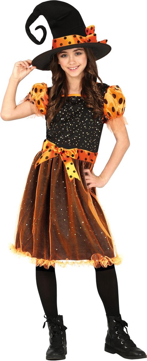 Heksen verkleed kostuum zwart/oranje voor meisjes - Halloween / horror thema outfit - Carnaval heks jurk met hoed 110/116
