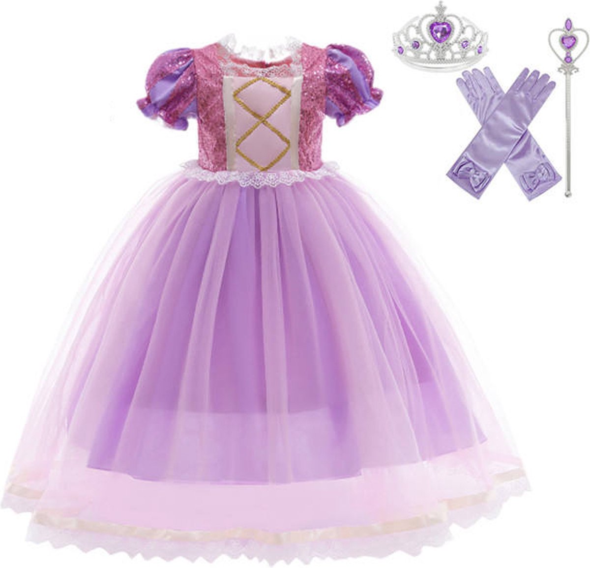 Joya Kids® Rapunzel Prinsessenjurk meisje | Verkleedjurken meisjes | Rapunzel jurk Roze en Paars | Met Kroon en Toverstaf | maat 104/110(110)