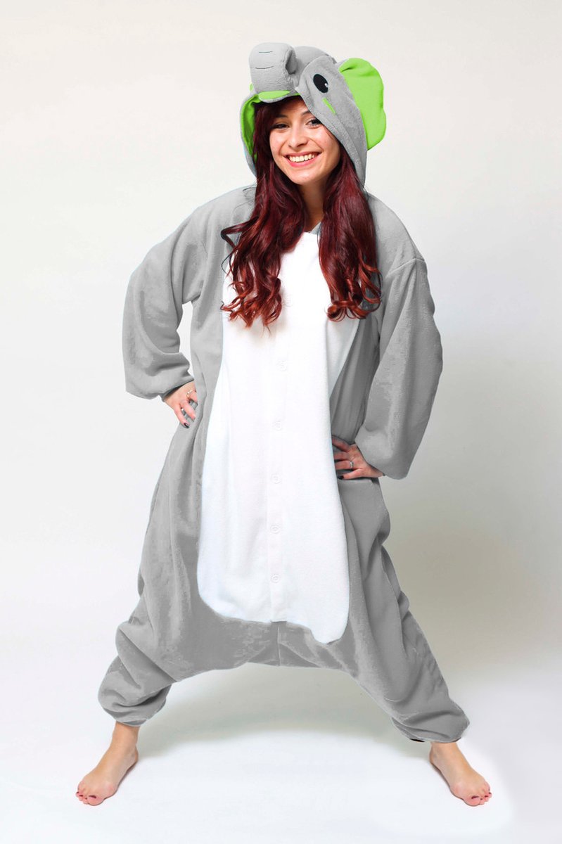 KIMU Onesie olifant grijs pak kind - maat 140-146 - olifantenpak jumpsuit pyjama