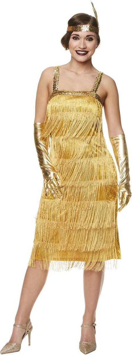 Karnival Costumes 20's Party Jaren 20 Stralende Gouden Flapper Jurk Charleston Kostuum Carnavalskleding Dames - Polyester - Maat XL - 3-Delig Jurk/Handschoenen/Hoofdband