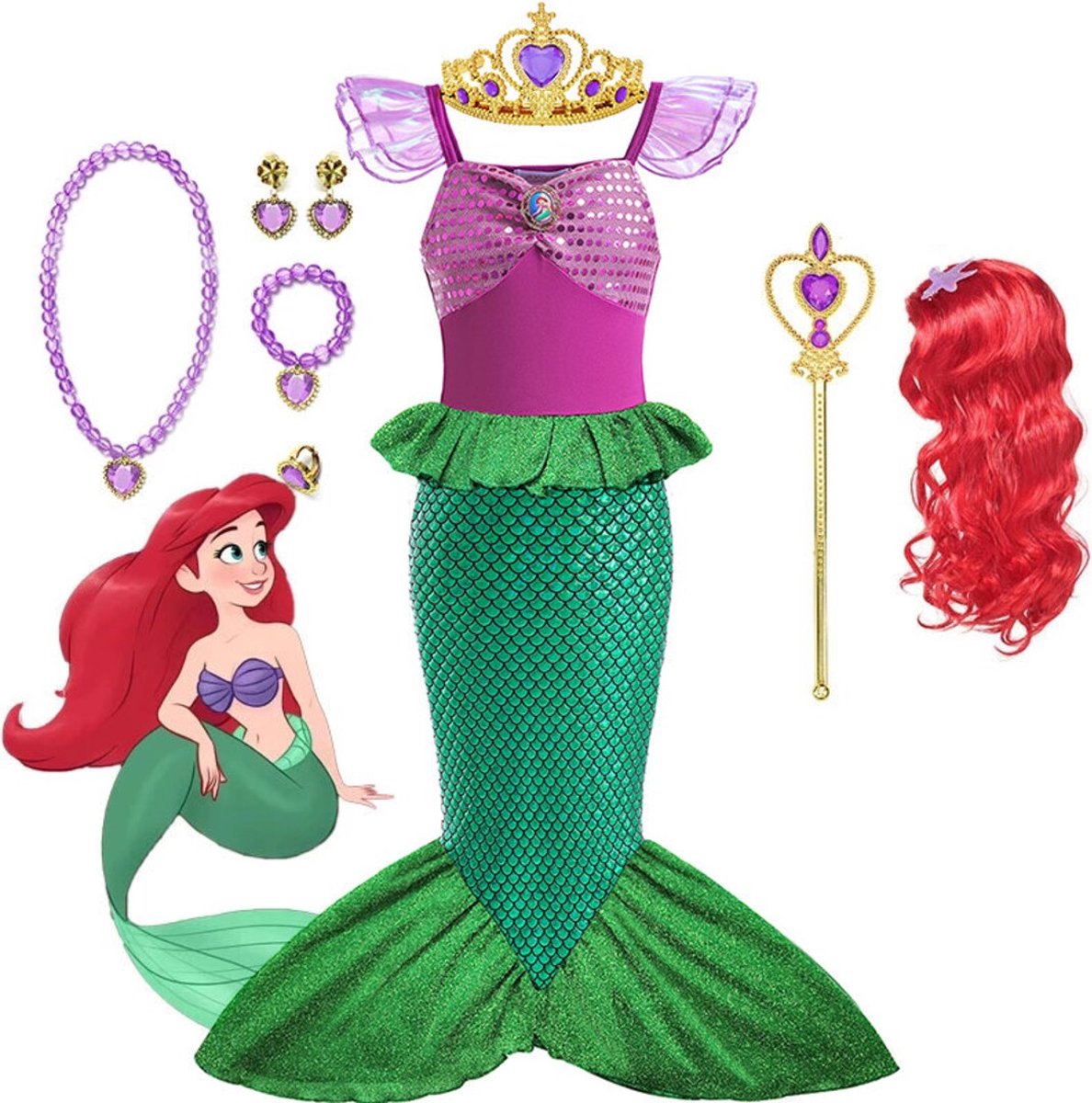 Kleine Zeemeermin - Ariel - Prinses Kostuum - Inclusief pruik, jurk en accessoires - Kinderen - Jurk Voor Meisjes - Mermaid - Maat "130" 7/8 jaar- Disney - Prinsessen - Sprookje - cadeau meisje
