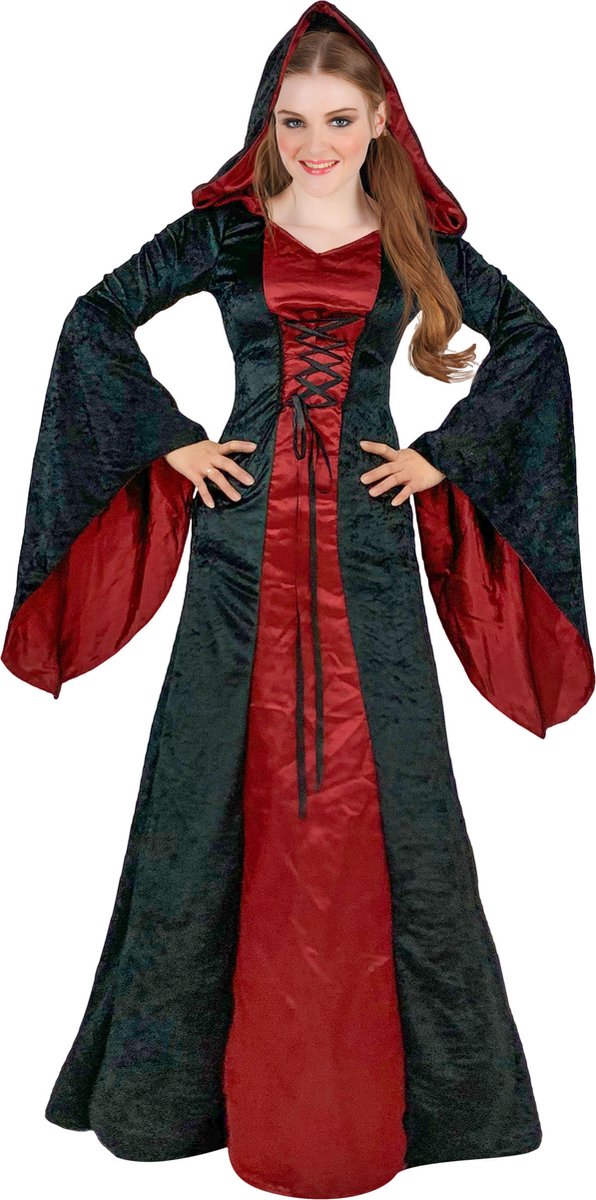 LUCIDA - Gothic kostuum met capuchon, rood en zwart, dames - M