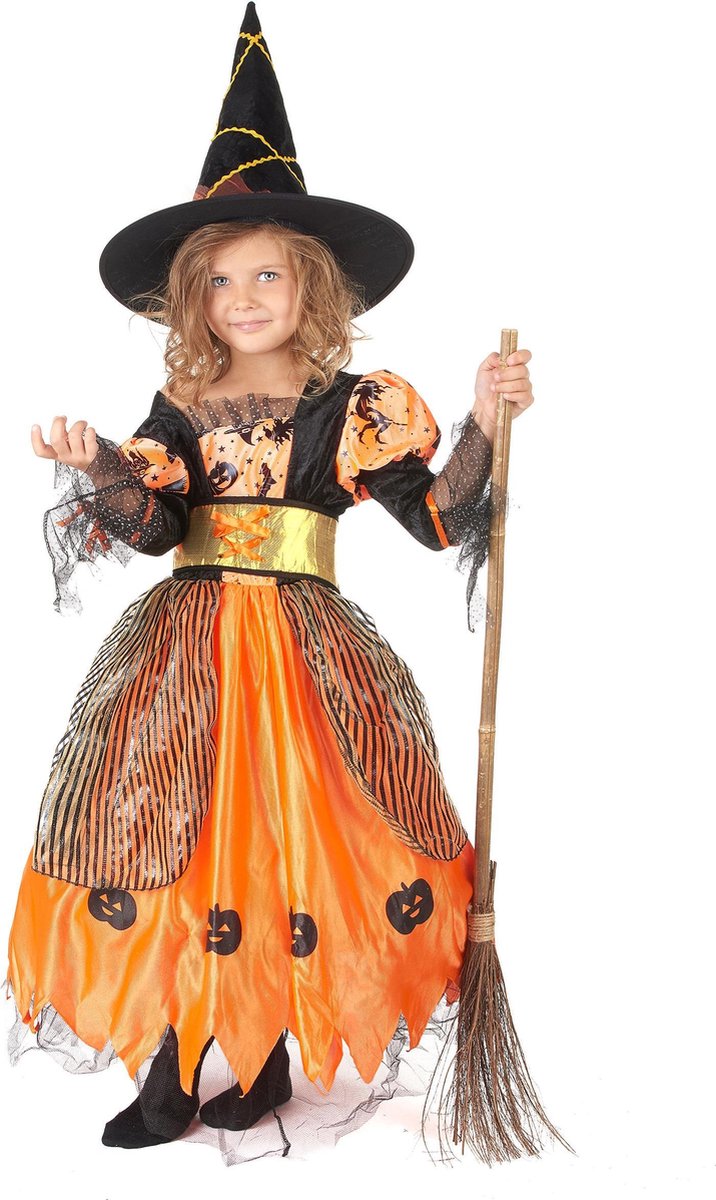 LUCIDA - Oranje pompoen heksen outfit voor meisjes - S 110/122 (4-6 jaar)