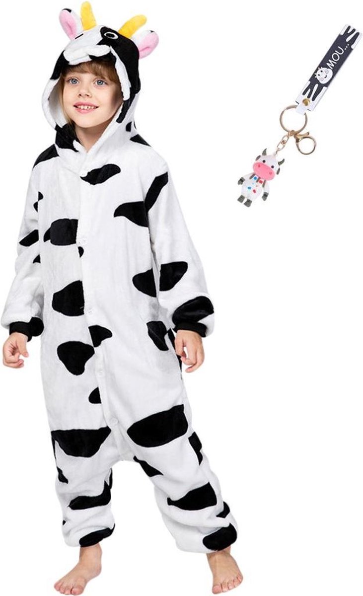 Onesie koe dierenpak kostuum jumpsuit pyjama kinderen - 116-122 (120) + tas/sleutelhanger verkleedkleding meisjes jongens