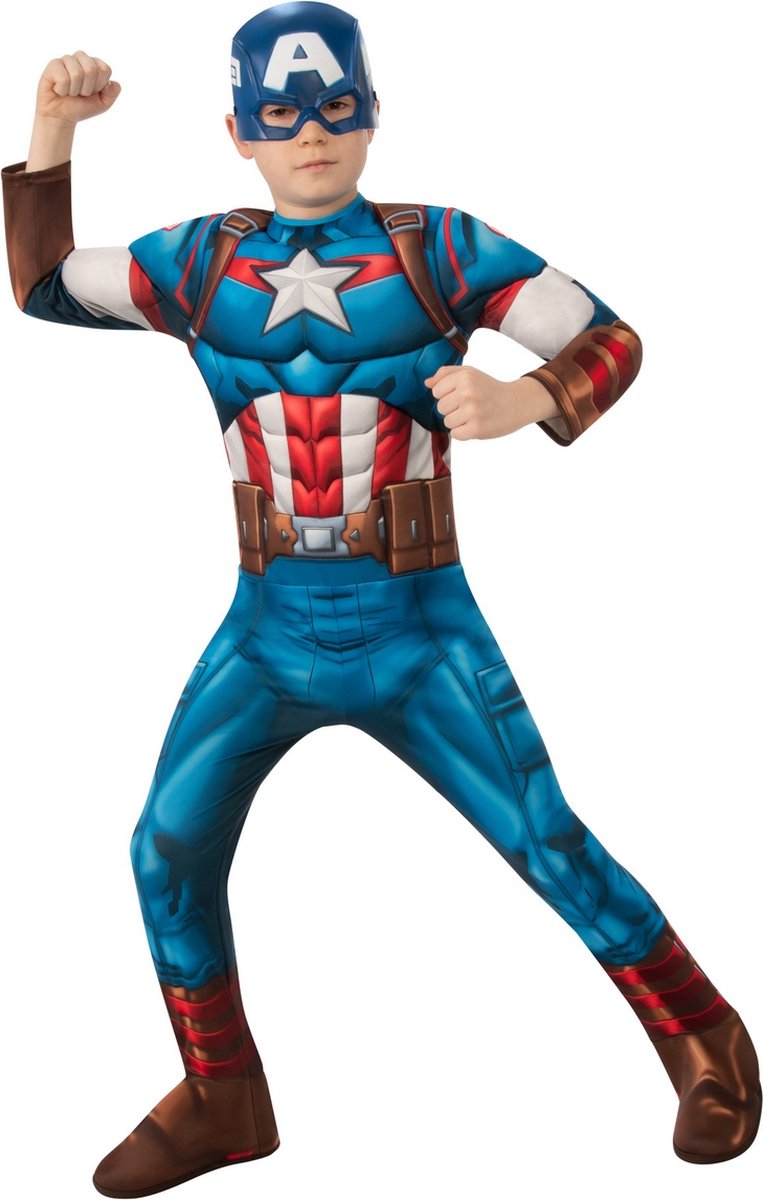 Rubies - Captain America Kostuum - Superheld Captain America Deluxe Kind Kostuum - blauw - Medium - Carnavalskleding - Verkleedkleding