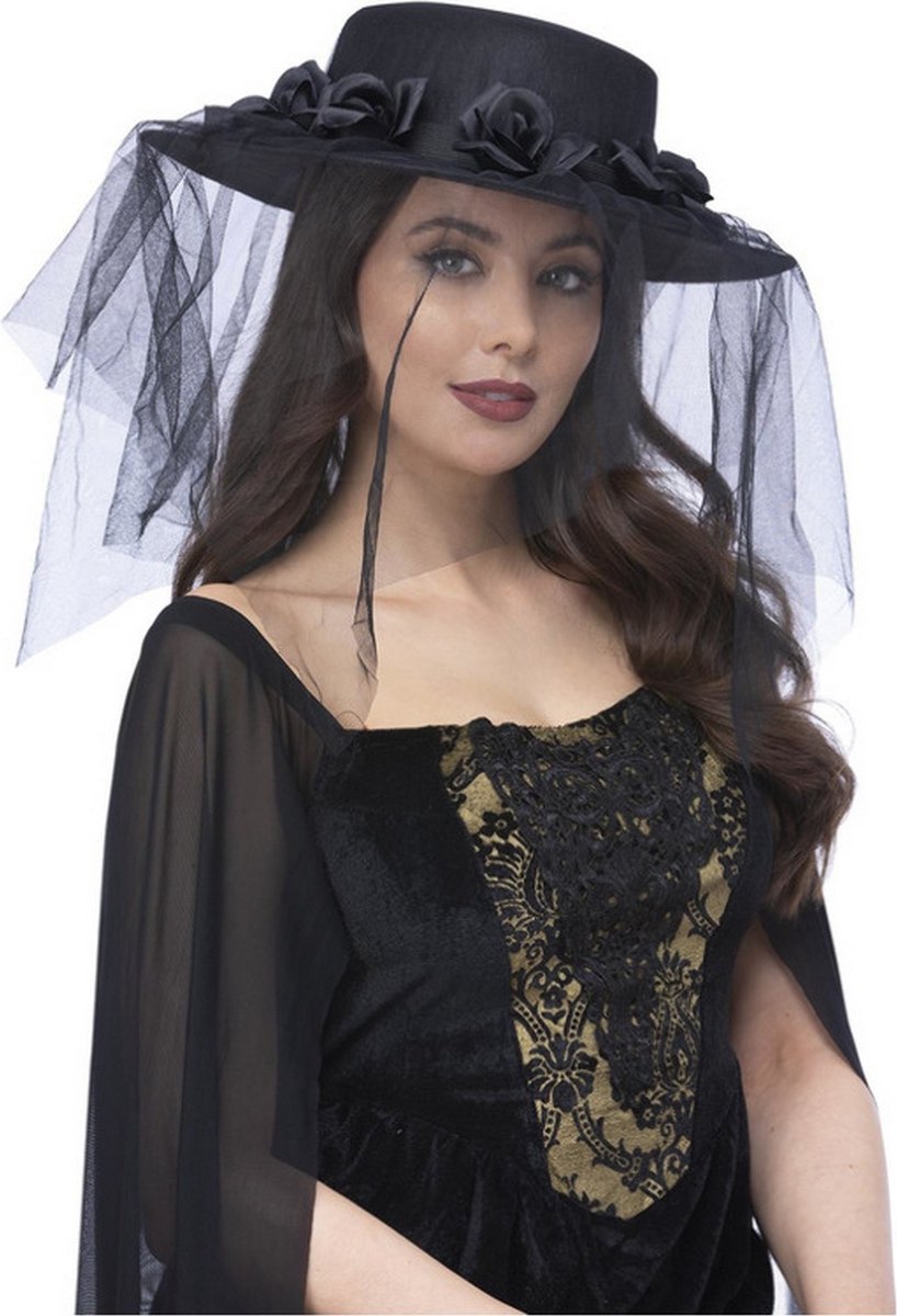 Smiffy's - Halloween Kostuum - Rouwende Bruid Hoed Met Sluier - zwart - Halloween - Verkleedkleding