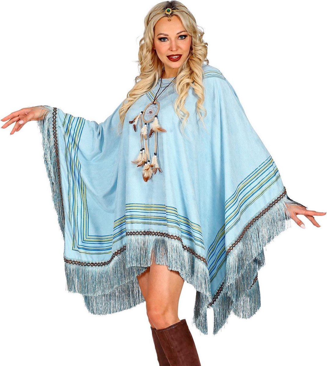 Widmann - Indiaan Kostuum - Luxe Hemelsblauwe Indianen Poncho - blauw - One Size - Carnavalskleding - Verkleedkleding