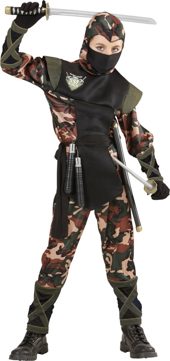 Widmann - Leger & Oorlog Kostuum - Ninja Soldaat Camouflage - Jongen - groen - Maat 128 - Carnavalskleding - Verkleedkleding