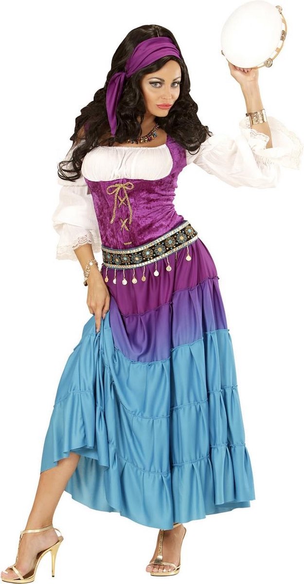 Widmann - Zigeuner & Zigeunerin Kostuum - Feestelijke Roma Zigeunerin - Vrouw - blauw,roze - XL - Carnavalskleding - Verkleedkleding