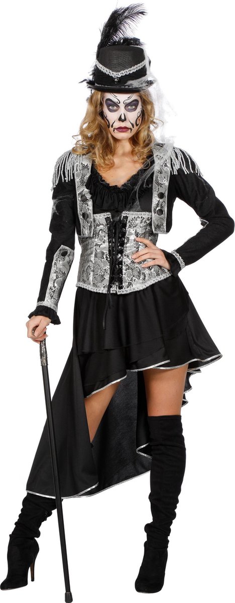 Wilbers & Wilbers - Heks & Spider Lady & Voodoo & Duistere Religie Kostuum - Voodoo Dame Zwart Zilver - Vrouw - zilver - Maat 44 - Halloween - Verkleedkleding