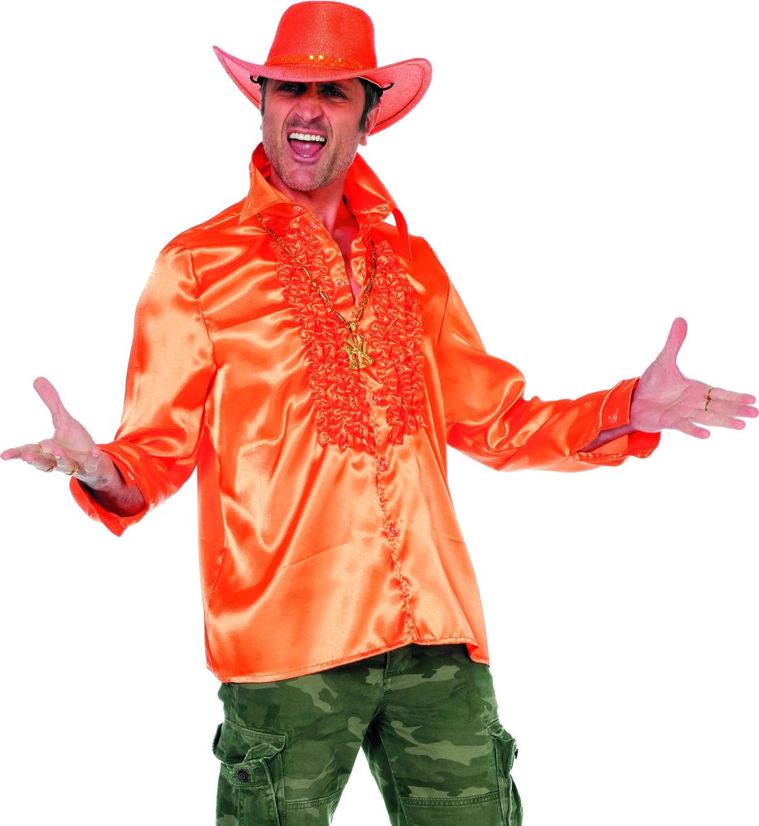 Wilbers & Wilbers - Jaren 80 & 90 Kostuum - Foute Oranje Ruchesblouse Satijn - oranje - Maat 60 - Carnavalskleding - Verkleedkleding