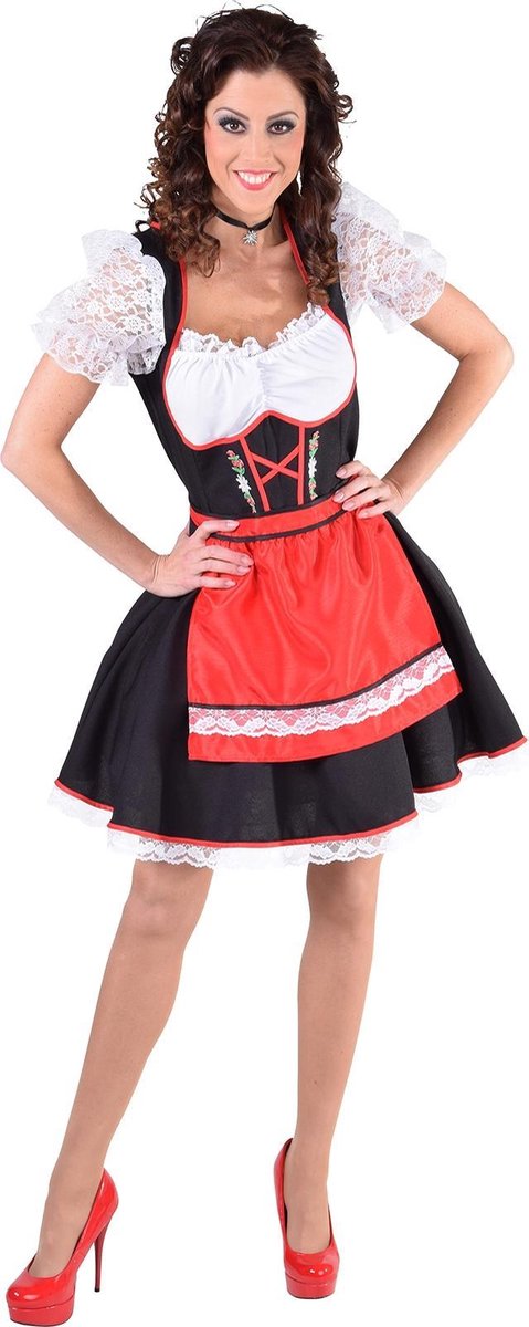 Zwarte dirndl jurk met rood schort en edelweiss - Oktoberfest kleding dames maat XS (32-34)