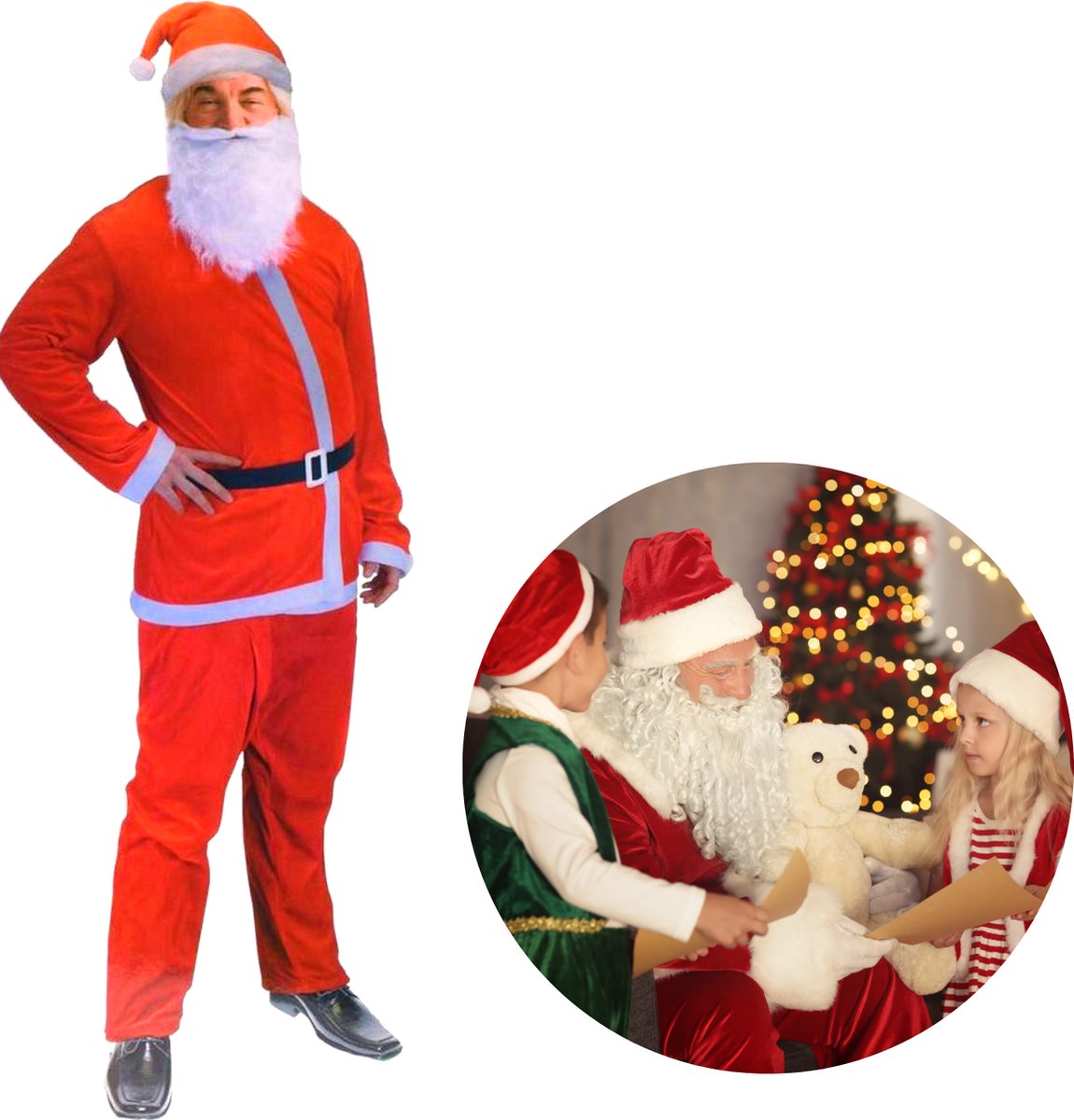 Cheqo® Kerstmanpak - Kerstmannenpak - Kerstman Kostuum - Kerstman Pak met Muts - Baard - Jas - Broek - Riem - One Size - 5-delig