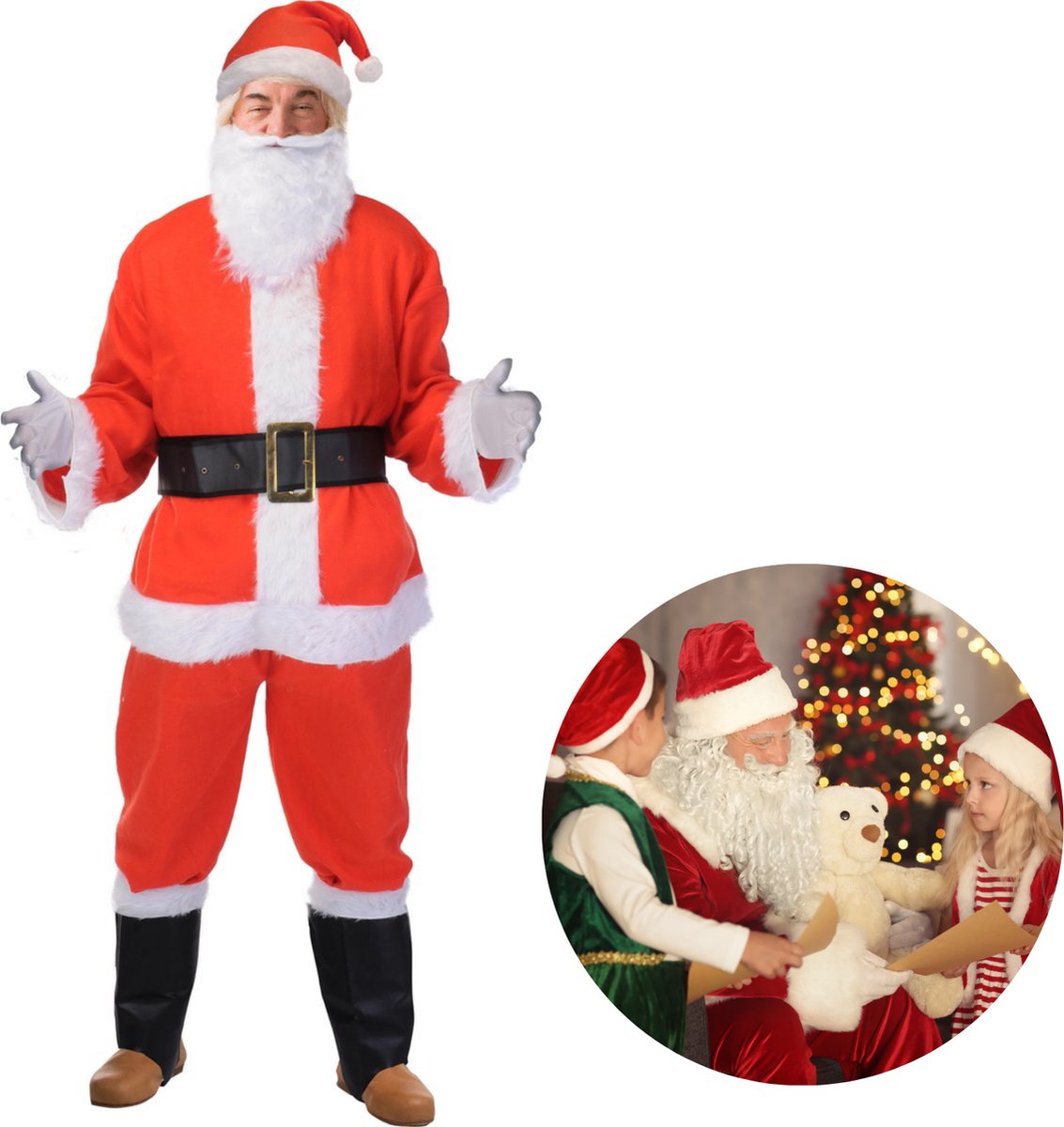 Cheqo® Luxe Kerstmanpak - Kerstmannenpak - Kerstman Kostuum - Kerstman Pak met Overhemd - Beenkappen - Handschoenen - Muts - Baard - Jas - Broek - Riem - Voor Volwassenen - 9-delig