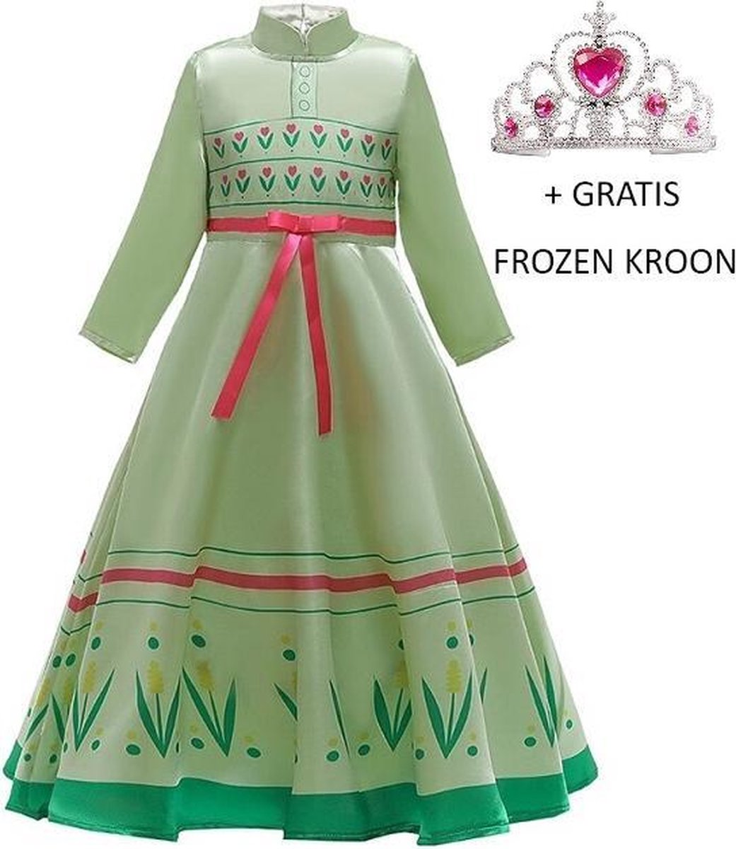 Frozen 2 Anna jurk groen + gratis kroon 98/104 (110) 3-4 jaar - prinsessenjurk verkleedkleedje