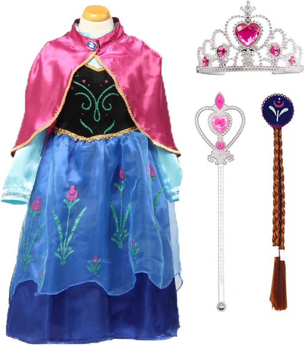 Frozen Anna jurk met cape Maat 110/116 (5-6 jaar) + kroon + staf + vlecht Prinsessenjurk meisje verkleedkleding Carnaval