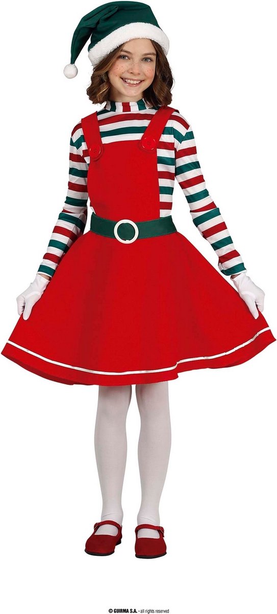 Guirma - Kerst & Oud & Nieuw Kostuum - Elvira Elf Hulpje Van De Koudste Maand - Meisje - Rood, Groen - 10 - 12 jaar - Kerst - Verkleedkleding