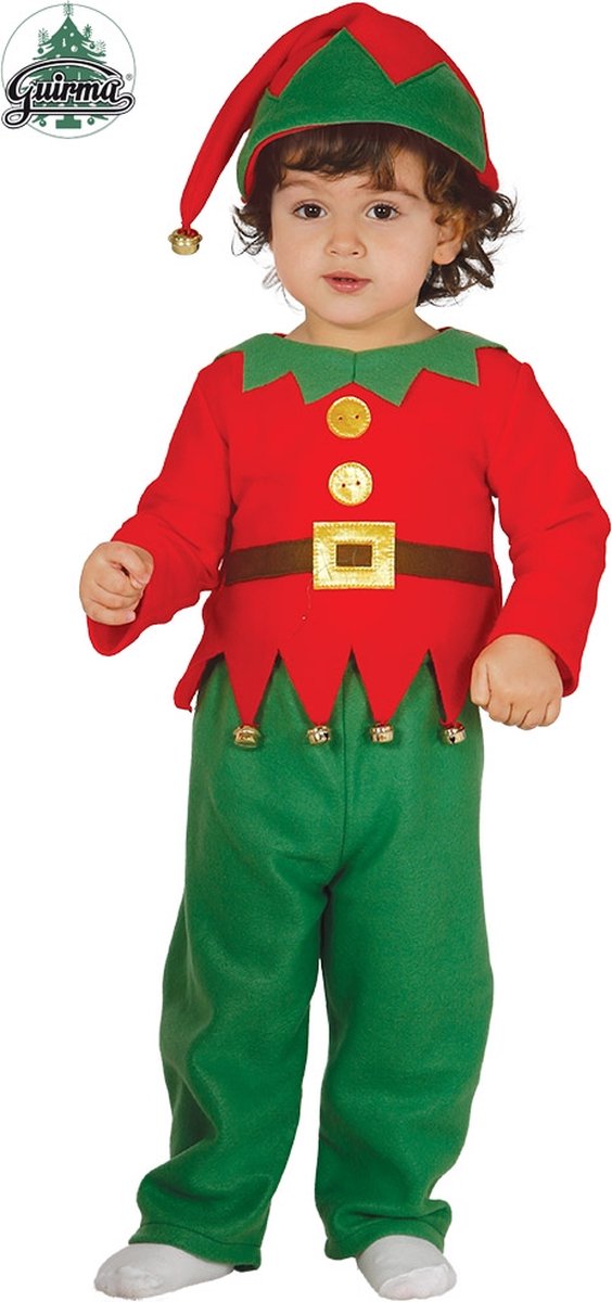 Guirma - Kerst & Oud & Nieuw Kostuum - Kleuter Elf Kind Kostuum - Rood, Groen - 1 - 12 maanden - Kerst - Verkleedkleding