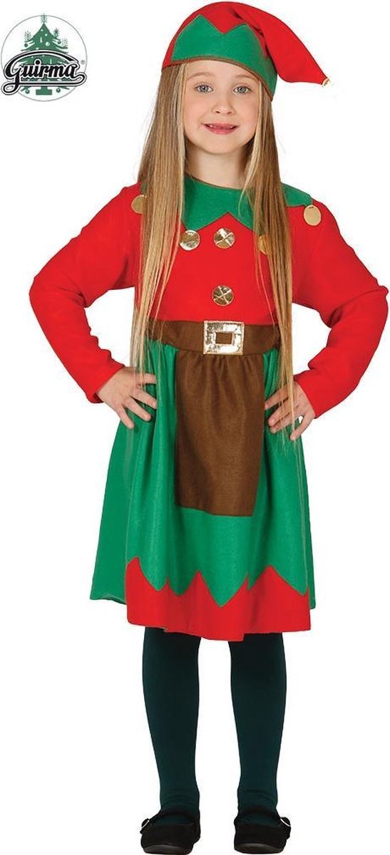 Guirma - Kerst & Oud & Nieuw Kostuum - Rood Groene Elf - Meisje - Rood, Groen - 7 - 9 jaar - Kerst - Verkleedkleding