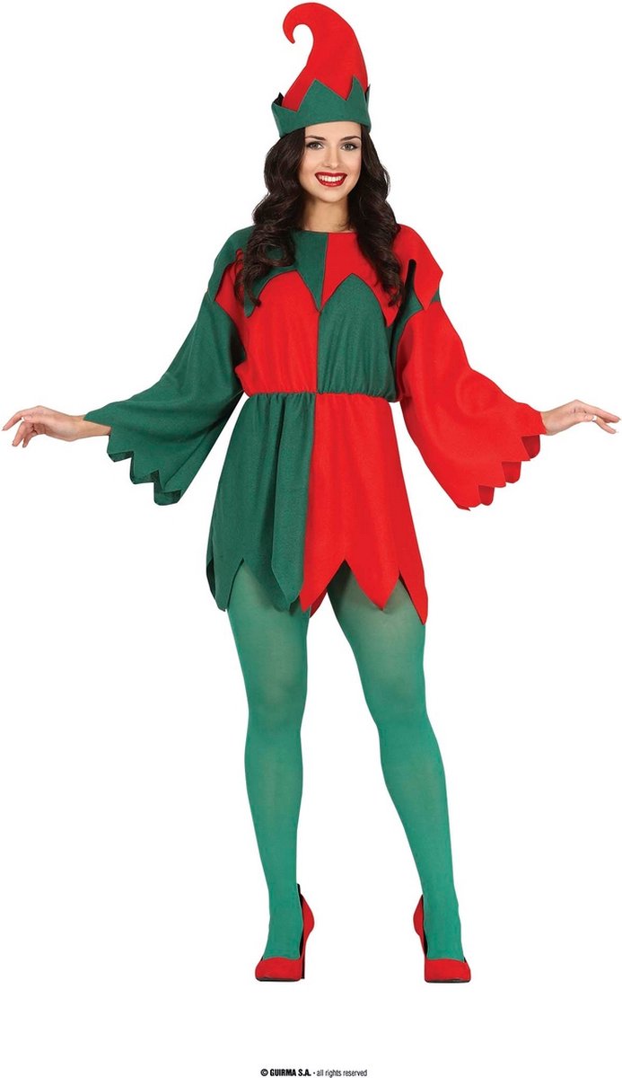 Guirma - Kerst & Oud & Nieuw Kostuum - Schattig Rood Groen Elf Jurkje Met Hoed Vrouw - Rood, Groen - Maat 36-38 - Kerst - Verkleedkleding