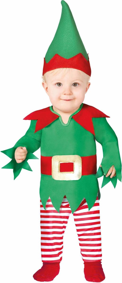 Guirma - Kerst & Oud & Nieuw Kostuum - Snoezige Baby Elf Kind Kostuum - Rood, Groen - 1 - 12 maanden - Kerst - Verkleedkleding