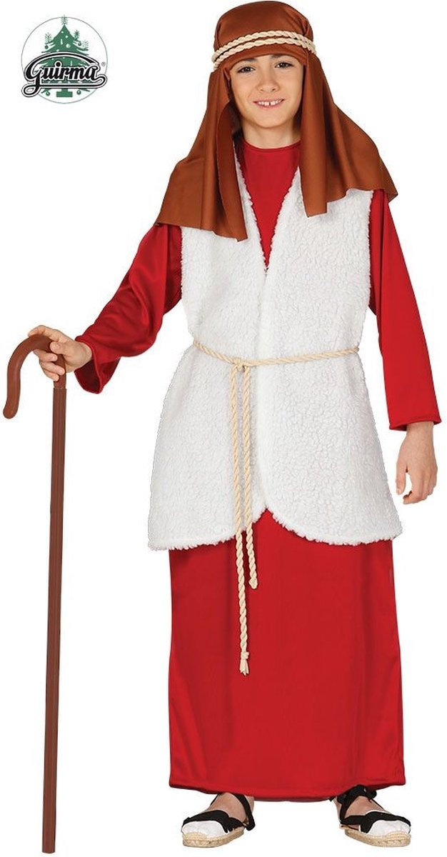 Guirma - Middeleeuwen & Renaissance Kostuum - Rode Kerststal Schapenhoeder - Jongen - Rood, Wit / Beige - 3 - 4 jaar - Kerst - Verkleedkleding