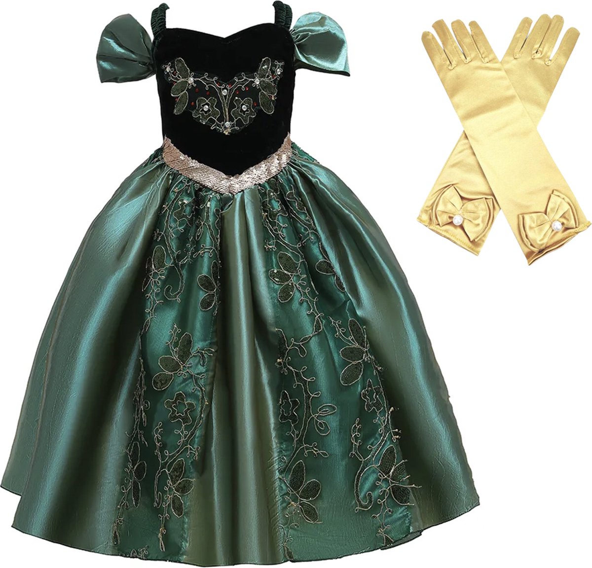 Het Betere Merk - Groene jurk - Luxe Prinsessenjurk - maat 92/98 (100) - Verkleedkleren meisje - Carnavalskleding meisje - Lange goudkleurige prinsessenhandschoenen voor bij je verkleedjurk - cadeau meisje - Kleed