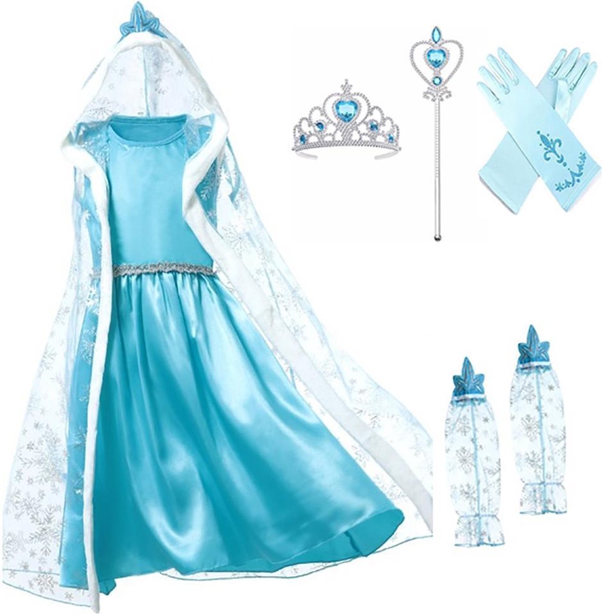 Het Betere Merk - Prinsessenjurk meisje - Blauwe jurk - maat 104/110 (110) - losse cape + mouwen - Tiara - Toverstaf prinses - Handschoenen - Carnavalskleding meisje - Verkleedkleren Kind - Cadeau meisje - Verjaardag - Prinsessen speelgoed