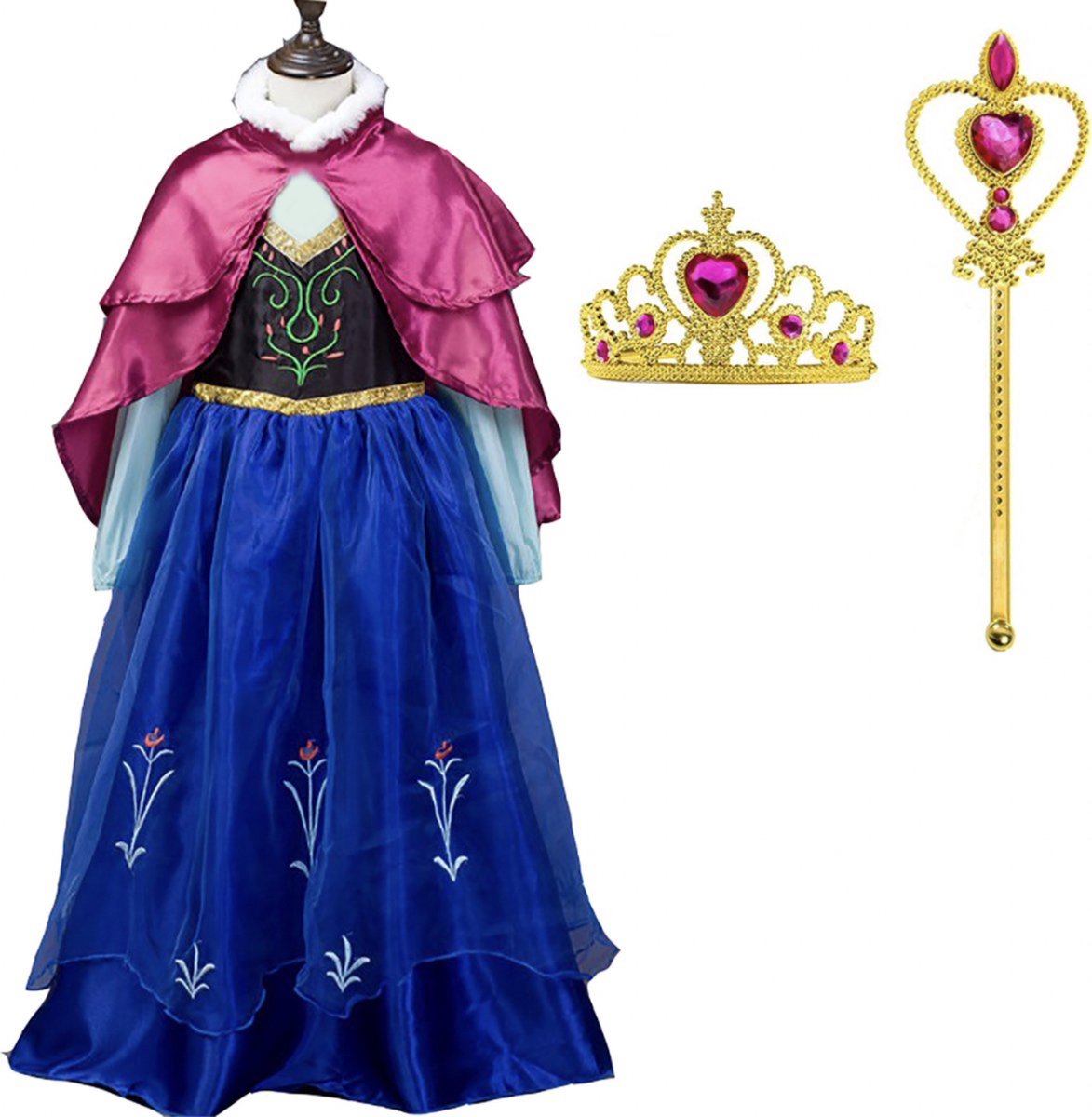 Het Betere Merk - Prinsessenjurk meisje - Blauwe verkleedjurk - Roze cape - maat 110/116 (120) - Speelgoed meisje - Tiara - Kroon - Toverstaf prinses - Verkleedkleren meisje - Carnavalskleren meisje