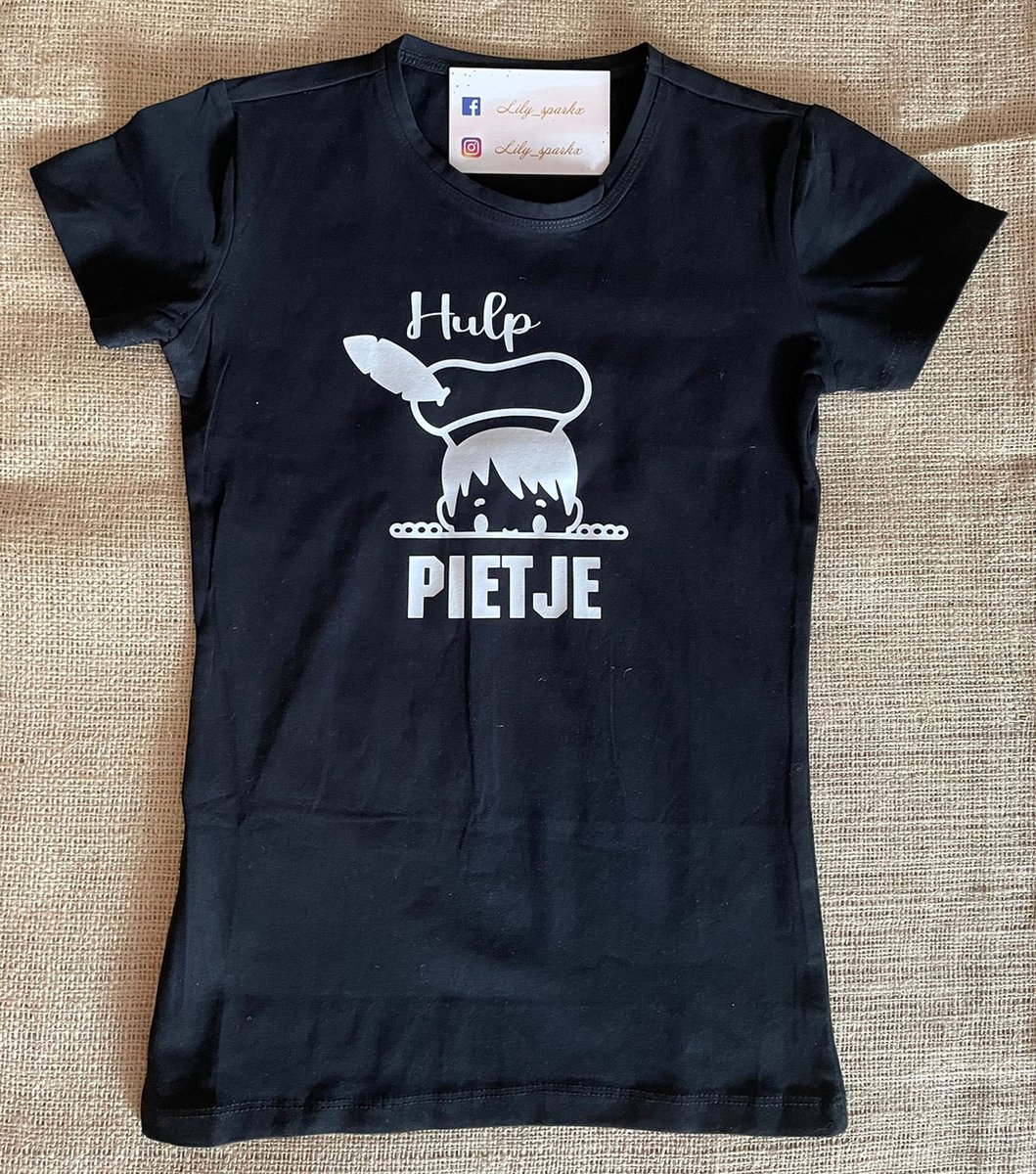 Hulp piet t-shirt- Hulppiet - Sint en piet- Shirt Zwart, opdruk Wit- Maat 12 Yr
