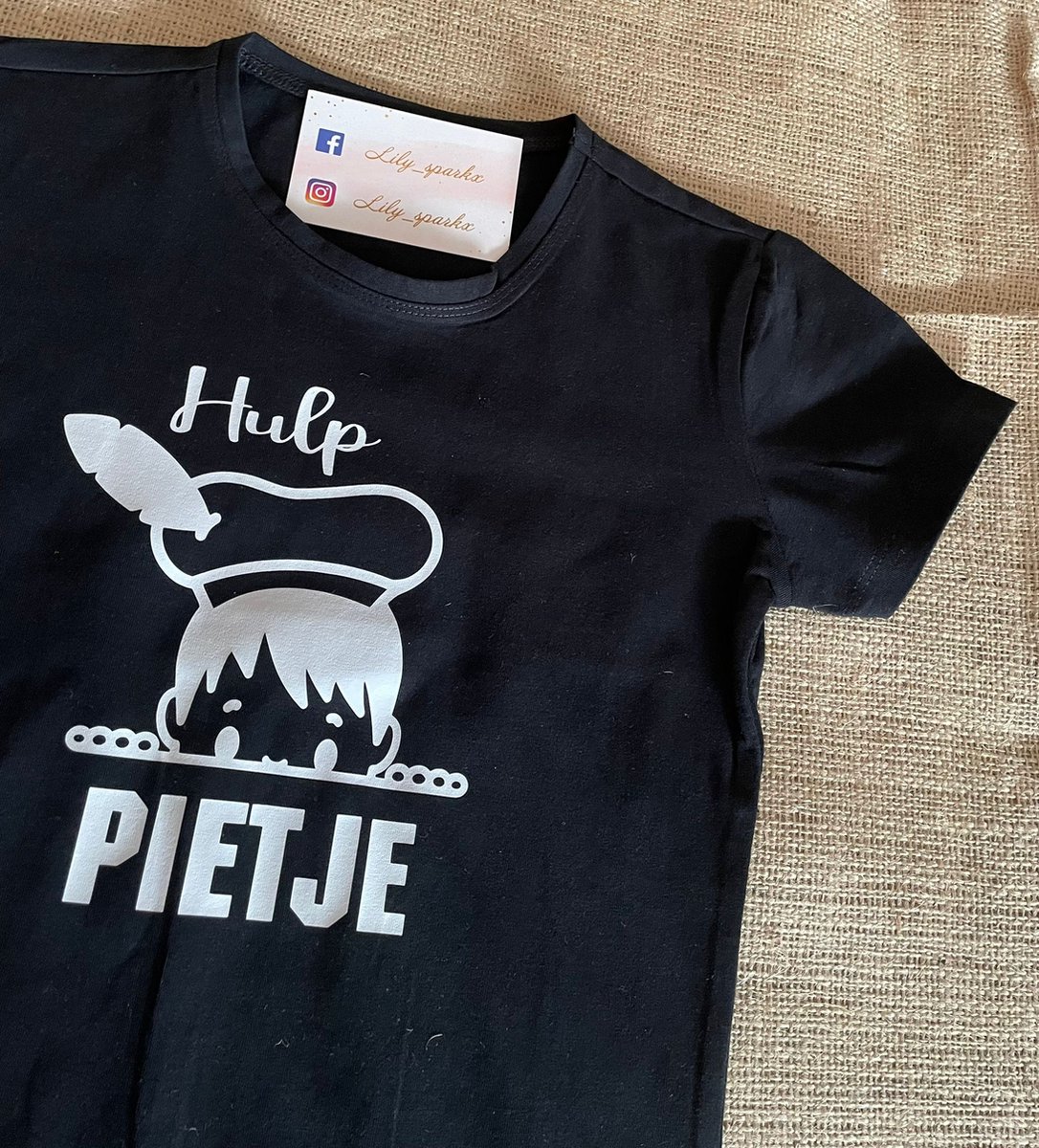 Hulp piet t-shirt- Hulppiet - Sint en piet- Shirt Zwart, opdruk Wit - Maat 8 Yr