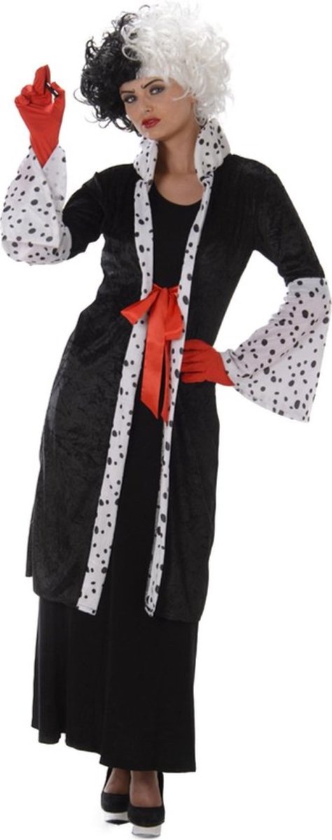 Karnival Costumes Cruella Boze Vrouw Dalmatiers Carnavalskleding Dames - Zwart/Wit 3-Delig Jas, Pruik, Handschoenen - XS