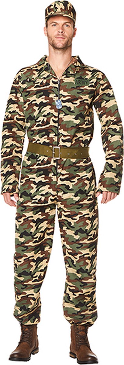 Karnival Costumes Verkleedkleding Leger kostuum voor mannen Camouflage Carnavalskleding Heren Carnaval - Polyester - Maat L - 3-Delig Jumpsuit/Riem/Hoed