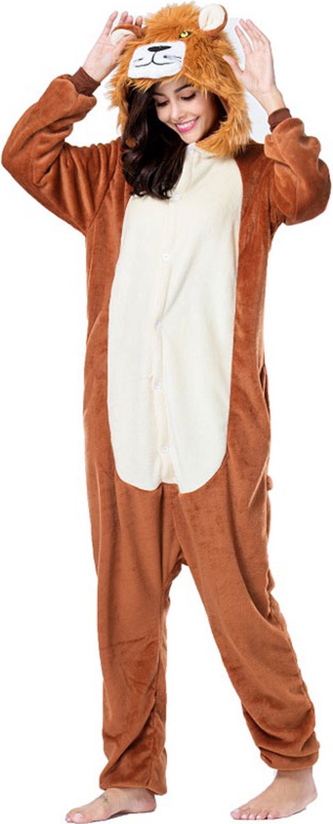 Leeuw Onesie Pak Kostuum Outfit Huispak Jumpsuit Verkleedpak - Verkleedkleding - Halloween & Carnaval - SnugSquad - Kinderen & Volwassenen - Unisex - Maat XL voor Lichaamslengte (175 - 195 cm)