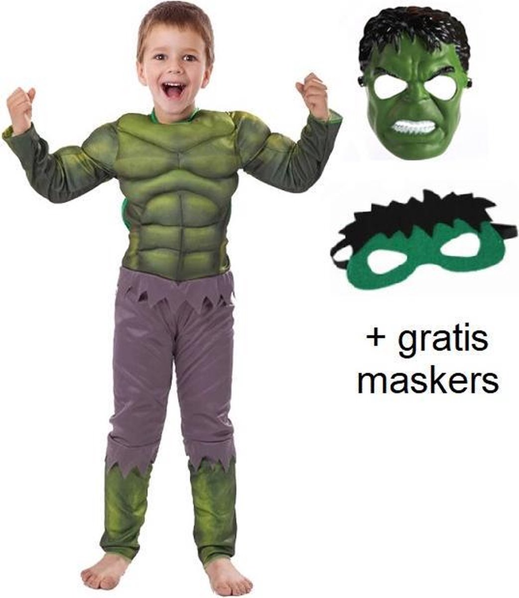 Luxe groen superhelden kostuum voor kinderen met spierballen + 2 maskers - 110/116 (S) 5-6 jaar - verkleedpak carnavalskleding