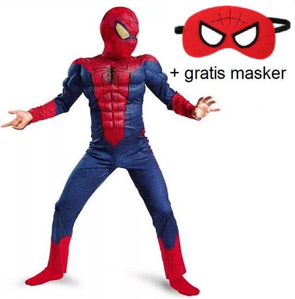 Luxe spinnenman pak met spierballen + masker - 134/140 (9-10 jaar L) - superhelden kostuum carnavalskleding verkleedpak